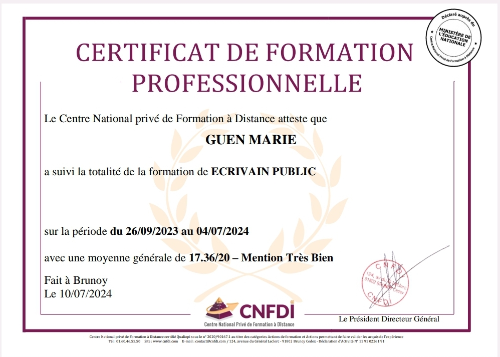 Certificat de formation professionnelle Écrivain Public